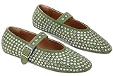 Comnulla Women's Rhinestone Flats Crystal Studded Mary Jane Ballet Flats Shoes Buckle Ballerina Shoes Green