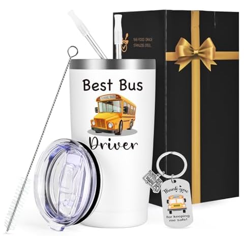 GINGPROUS Bus Driver Appreciation Gifts, School Bus Driver Gifts Back to School Present for Women Men, 20 Oz Stainless Steel Insulated Travel Tumbler with Keychain Lids and Straws, White Cover