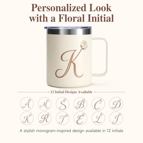 12oz Insulated Coffee Mug with Handle and Lid, Stainless Steel Spill Proof Travel Mugs, Personalized Monogrammed A-Z Floral Double Wall Tumbler for Home Office, Gifts for Women Mom Wife Her (K) - Image 4