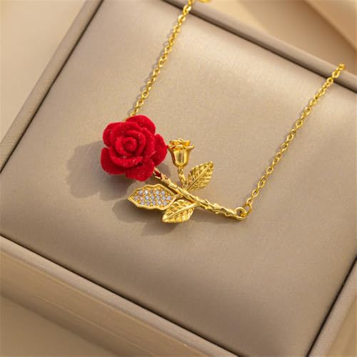 Elegant Rose Flower Pendant Necklace for Women Stainless Steel Gold Plated Crystal Leaf Blossom Charms Choker Chain Adjustable Necklaces Dainty Wedding Birthday Jewelry 18"4