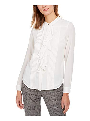 Calvin Klein Womens White Ruffled Long Sleeve with Buttons Evening Top Size PL