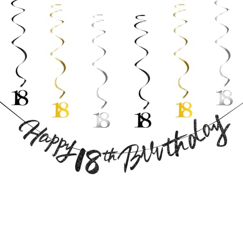 18th Birthday Decorations for Boys Swirls Streamers Set, Hanging Vortex Happy 18th Birthday Banner for Girls, Black and Gold 18 Birthday Decor Party Bunting