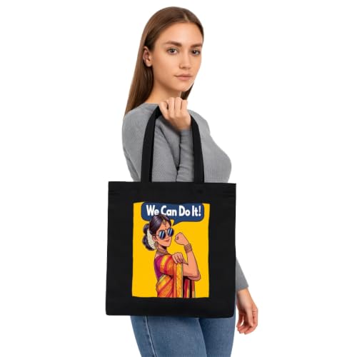 Image of Black Tote Bag With Pocket Printed Designed Canvas Tote Bags For Women large capacity,Tote bag For Shopping, College, Travel, More Canvas Handbag For Unisex Bag