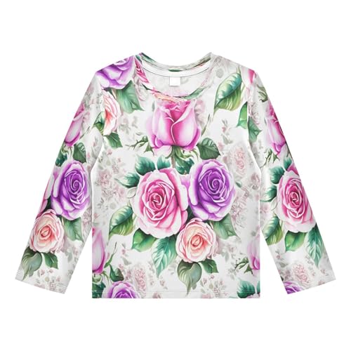 Floral Rose Blossom White Boy's Rash Guard Swim Shirt Long Sleeve Sun Shirt for Kids Toddlers UPF50+ 3T