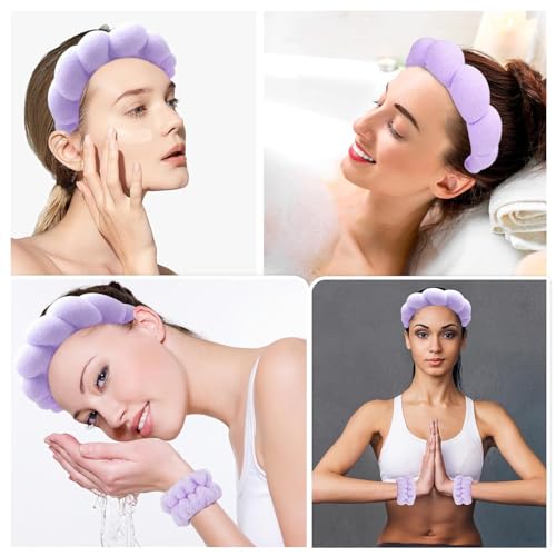 Image of Spa Headband and Wristband Set, Face Wash Headband Makeup Skincare Headband Wrist Bands Washing Face for Preppy Skincare Women Girl (Spa Headband - Perple)