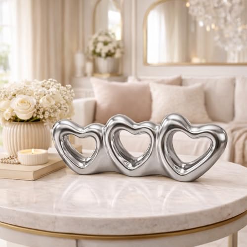 Image of Xtore Triple Heart Metallic Ceramic Sculpture for Home Decor, Modern Romantic Tabletop Accent