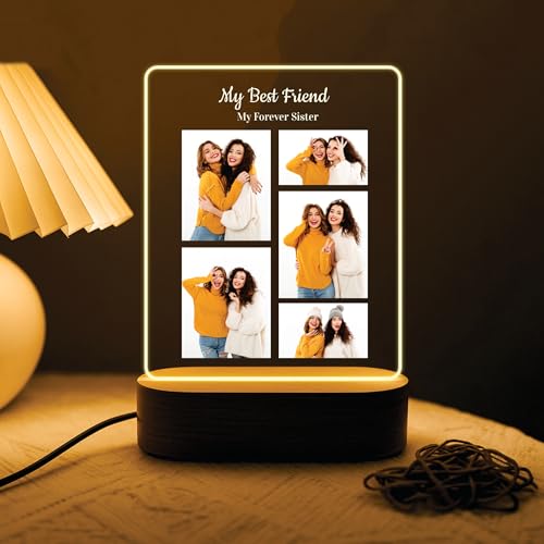 Image of Giftplease Customized LED Photo Frame for Sister | Personalised Photo Frame with Wooden Stand & Light | Special Birthday Gift for Sister | Transparent Tabletop Frame (6x7.25 Inch) SIS 07