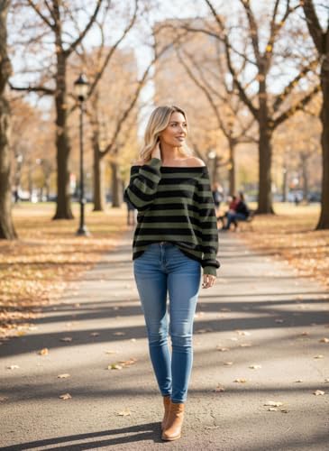 Image of MARZXIN Women's 2026 Fall Long Sleeve Sweaters Casual Loose Striped Off Shoulder Casual Oversized Knitted Sweater Pullovers
