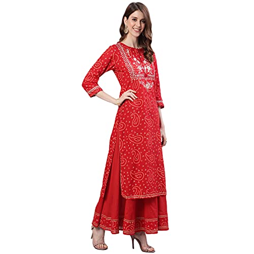 Image of ishin Women's Red Bandhani Embroidered Straight Kurta Sharara Dupattta Set