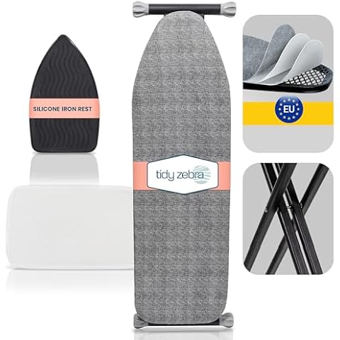 Tidy Zebra Extra Sturdy Compact Ironing Board Full Size - European Made Iron Board with Extra Thick Sturdy Legs That Will NOT Shake – Non Slip Iron Table with Metal Hook, Iron Rest & Mesh Included! Cover