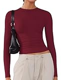 Women's Soft Long Sleeve Shirts Crew Neck Tops Basic Tees Stretchy Going Out Crop Tops Y2K Slim Fit T-Shirts Burgundy S
