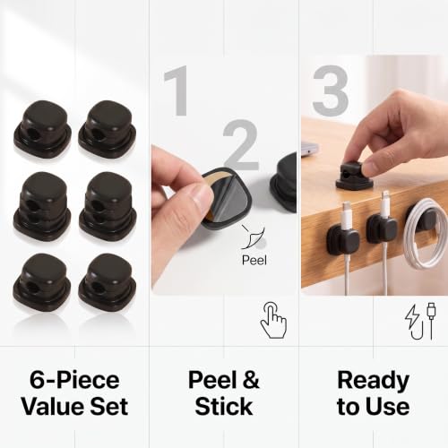 Cable Clips 6 Pack, Self Adhesive Cable Management Holder for Desk, Cord Organizer for Phone Charging USB HDMI Wire, Black - image 8