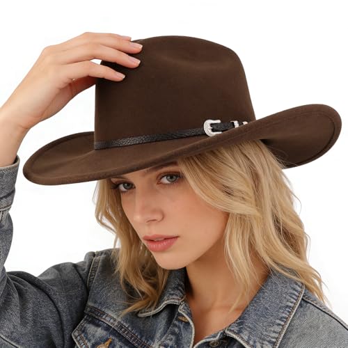 Image of DRESHOW Cowboy Hat for Women and Men Classic Felt Western Hat for Cowboys Cowgirls Wide Brim Belt Buckle Retro Fedora Hats