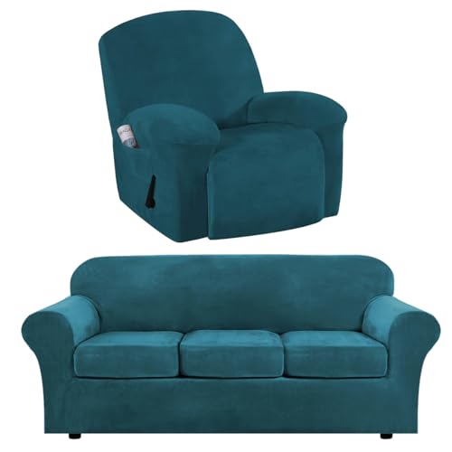 H.VERSAILTEX 4 Pieces Stretch Sofa Covers for 3 Cushion Couch Covers Bundle 1-Piece Velvet Recliner Chair Covers, Deep Teal