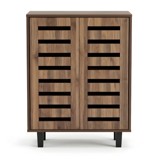 Image of Metro 2 Door Engineered Wood Shoe Cabinet | Wooden Shoe Rack with Spacious Shelves | Modern Shoe Storage Organizer for Entryway, Hallway & Living Room | Walnut Finish