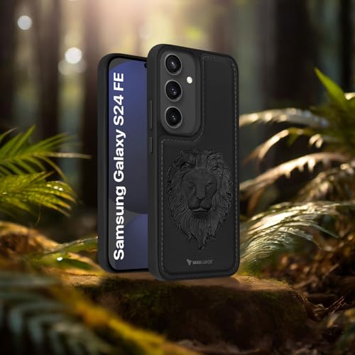 Image of Vaku Luxos Lion Embossed Back Cover Case for Samsung Galaxy S24 FE 5G Premium Leather Stitched Soft Shockproof Protective TPU Phone Case Camera Screen Protector- Black