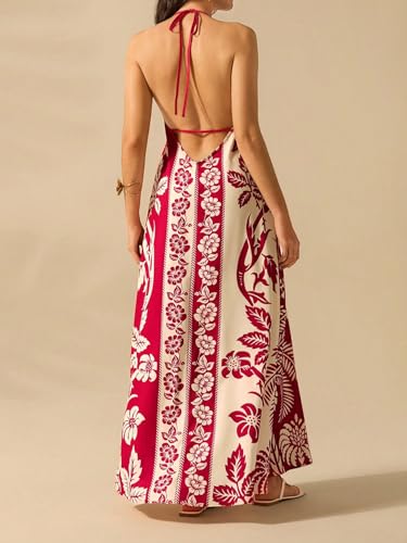Image of SHENHE Women's Summer Tropical Floral Halter Maxi Dress Open Back Empire Waist Flowy Boho Dress