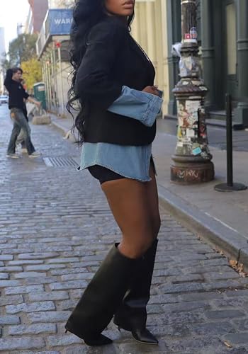 Women's Casual Blazers Fall Trendy Lapel Collar Denim Patchwork Long Seelves Slim Fit Work Office Suit Jacket4