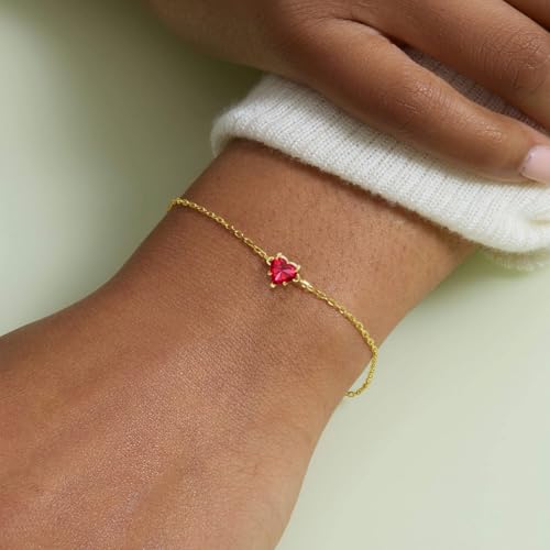 14k Gold Love Heart Gemstone Bracelet for Women,7MM Heart-cut Created Birthstone Anniversary Birthday Mother's Day Bracelets Jewelry for Mom Her 6.5''+2''3