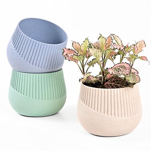 Image of Eha Earth Friendly Oreo 4 inch Small pots for Indoor Plants | Set of 3 | Plant Pot Made with Bamboo Fibers | Table Top Planters for Home Decor and Office, Flower Pot for Living Room | Cele-Sand-Azur