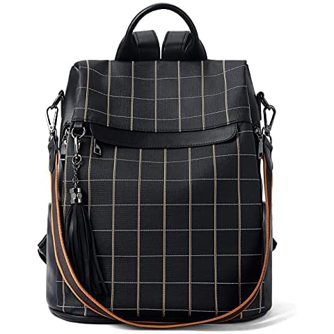 BROMEN Backpack Purse for Women Leather Anti-theft Travel Backpack Fashion Shoulder Bag Balck Plaid Cover