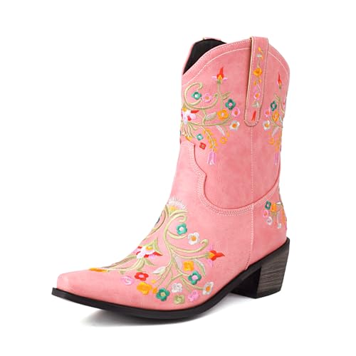 Bottines courtes en cuir à enfiler pour femme style cow-girl à fleurs FGRID