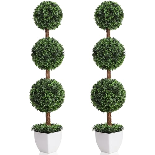 Damomo Artificial Topiaries Ball Trees Outdoor, 3.6ft Faux Boxwood Plants Topiary Triple Ball Tree...