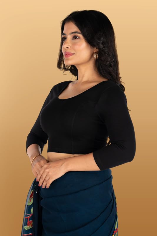 Image of Abhi Cotton Readymade Saree Blouse for Women- 3 /4 Sleeve, Round Neck, Regular-fit, Stretchable, Pull-on Style