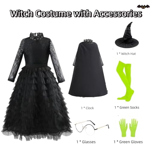 Witch Costume for Girls, Halloween Black Witch Dress Cosplay Outfit With Cloak Hat2