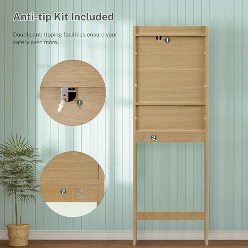 Image of TEENFON Over The Toilet Storage Cabinet with 4 Open Shelves and Adjustable Shelf, Extra Tall Bathroom Organizer Unit with 2 Wood Doors, Home Space Saver for Bathroom, Laundry Room, Natural