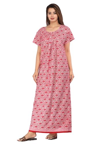 Image of Kuruti B Sheets Cotton Nighty for Women Jaipuri Print 2 Button Round Neck Short Sleeve Night Gown | Maxi Dress