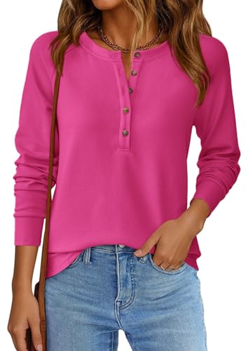 Image of PRETTYGARDEN Women's Long Sleeve Waffle Knit Henley Shirts Loose Tunic Tops