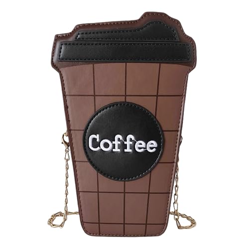 Women's Small Brown Unique Trendy Fun Coffee Cup Shaped Vegan Leather Crossbody Purse Bag with Gold Chain