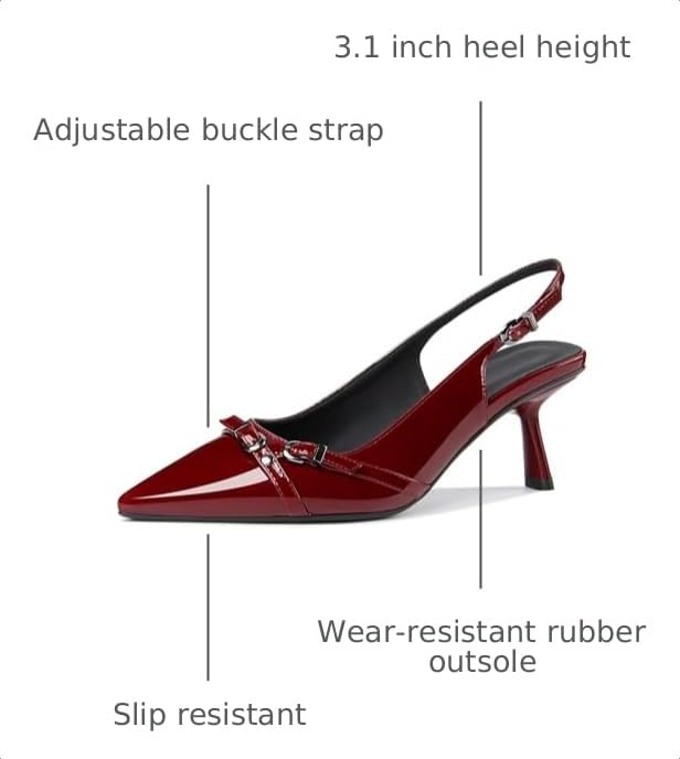 Image of Kitten Heels for Women Closed Pointed Toe Heels Patent Leather Low Heel Slingback Dress Shoes Feature Adjustable Buckle for Date Party Work Office Comfortable Sexy Pumps Shoes