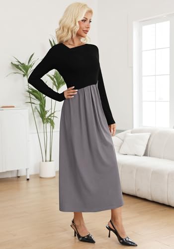 SAUKOLE Womens Maxi Dresses Casual Long Sleeve V Neck Empire Waist Dress Trendy Fall T Shirts Long Dress3