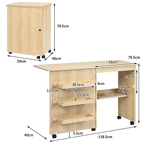 COSTWAY 2 in 1 Nähschrank & Schreibtisch klappbar, Nähtisch aus Holz mit 3 Einlegeböden für Spulen & feststellbare… – Bild 8