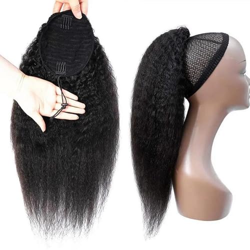 Seelaak Wrap Drawstring Kinky Straight Human Hair Ponytail For Balck Women Yaki Straight Remy Human Hair Ponytail Extension 10A Grade Afro Yaki Clip In Pony Tail Hairpiece 120G Natural Color thumb #1