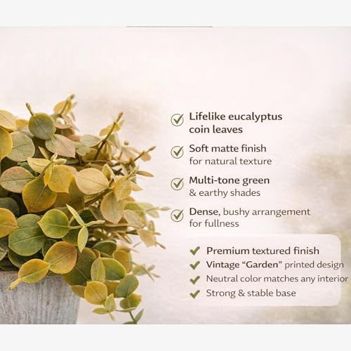 Image of Garden Art Artificial Coin Leaf Eucalyptus Bush in inchGarden inch Planter - Decorative Faux Plant for Desk, Shelf, Table & Office Decoration | Realistic Greenery Home Decor Plant (P-0226Golden)