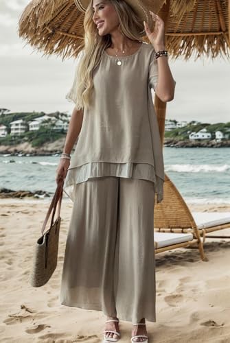 Women's 2 Piece Outfits Flowy Ruffle Tops Palazzo Pants Suits Elegant Casual Dressy Two Piece Linen Sets3
