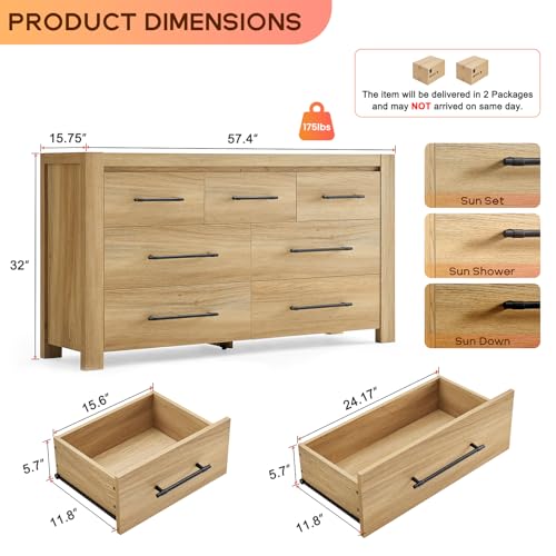 Image of 7 Drawer Dresser for Bedroom, 57.4 inch Wide Modern Chest of Drawers, Wooden Large Storage Cabinet with Sturdy Construction, TV Stand for Living Room, Hallway, Dining Room, Office (Natural Oak)