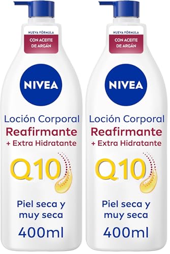 NIVEA Q10 Aceite de Argán Body Milk Reafirmante + Extra Hidratante (400 ml), loción corporal reafirmante para piel seca, crema hidratante corporal nutritiva (Paquete de 2)
