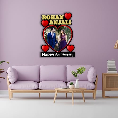 Image of Shrikant Art Personalized inchHappy Anniversary inch Heart-Shaped Photo Collage Wall Hanging - Large 15x12 Inch Custom Name Wooden Frame with Red Heart Accents
