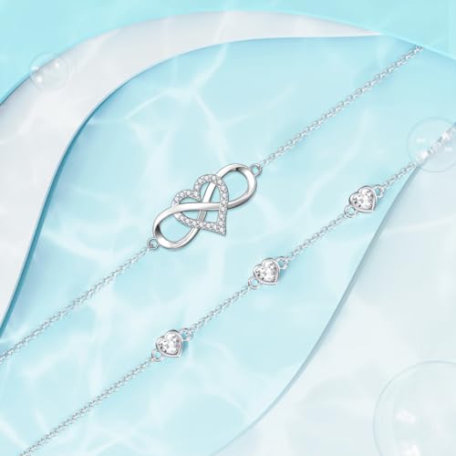 Image of Dorunmo 925 Sterling Silver Infinity Heart Birthstone Anklet Bracelets for Women Best Mother's Day Birthday Jewelry for Wife Girlfriend Mom Her