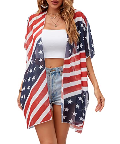 Women American Flag Kimono 4th of July Cover Up Lightweight Cardigan 4th of July Outfits for Women S XXL
