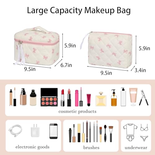 2Pcs Floral Quilted Makeup Bag Set Coquette Makeup Bags Large Cotton Cosmetic Bag Cute Makeup Bag with Bow Pattern Portable Travel Toiletry Bag For Women2