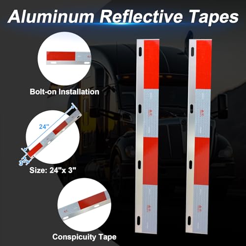 Image of Stainless Steel Mud Flap Hanger Set with Rectangle Light Cutouts 2-1 /2 inch Bolt Spacing 30 inch Length Rear Bar for Semi Trucks, 2.5 inch Bolt Spring Loaded with Aluminum Reflective Tapes