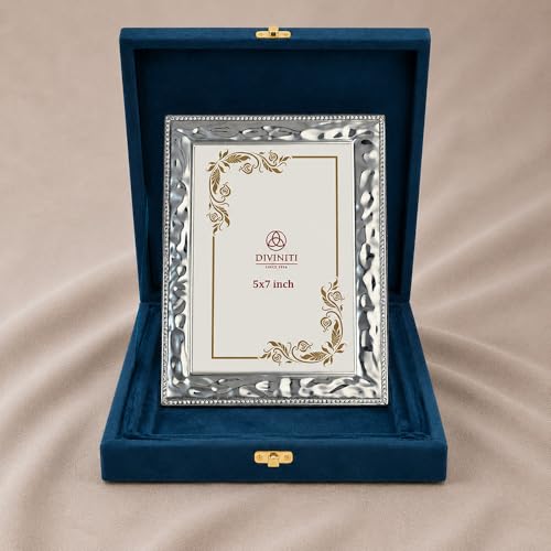 Image of DIVINITI German Silver Photo Frame 5x7 Inch | Luxury Silver Plated Picture Frame for Table & Wall Decor | Elegant Engraved Design with Stand | Premium Gift Frame for Home Decor & Gifting