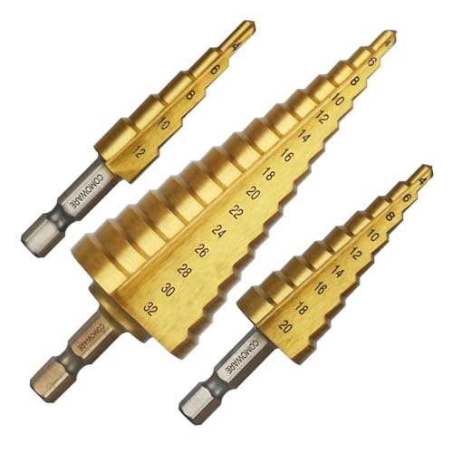 COMOWARE HSS Stufenbohrer Set, 3-tlg Stufenbohrer präzise Geradnut Kegelbohrer, 4 bis 12/20/32mm Titan-beschichtete Profi Metallbohrer, geeignet für Metall Holz Kunststoff