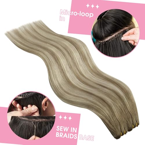 Image of YoungSee Sew in Hair Extensions Real Human Hair Light Brown Balayage Platinum Blonde Weft Hair Extensions Human Hair Dyable Sew in Bundles Human Hair for Women 100g 16 Inch