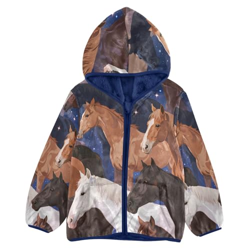 Horses in Starry Night Sky Toddler Fleece Jacket Girl Boys Hooded Fleece Jacket Coat Warm Outwear Zip-up 3-10T